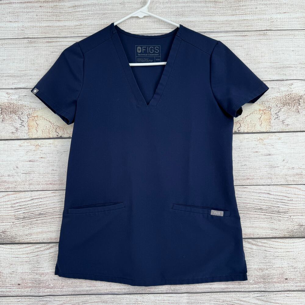 Figs Three Pocket Casma Scrub‎ Top Womens XXS Navy Blue V-Neck Stretch